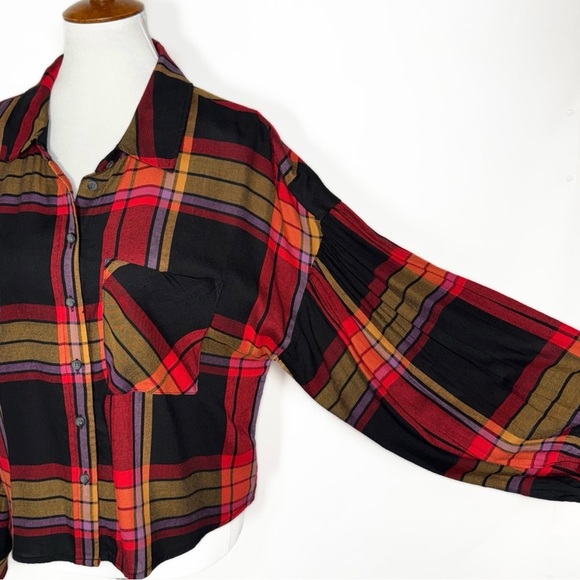 Sanctuary Colorful Plaid Red Black Puff Balloon Long Sleeve Buttondown Shirt L - Picture 4 of 11